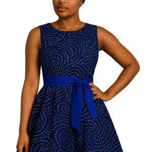 Blue and Purple Sleeveless Dress with Scarf & Satin Belt