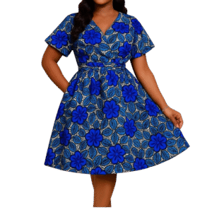 Blue and White Knee Length Dress with Scarf