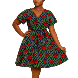 Green and Orange Knee Length Dress with Scarf