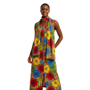 Ankle-Length Flower Print Dress With Front Zip & Scarf