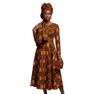 Brown Patterned Ankle-Length Dress with Scarf