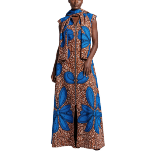 Brown and Blue Dress with Front Zip & Scarf