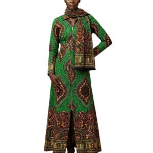 Green and Brown Dress with Front Zip & Scarf